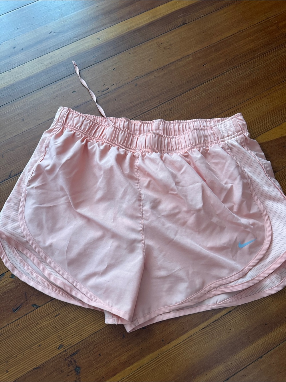 Nike Women's Pale Pink Running Shorts with Light Blue Swoosh